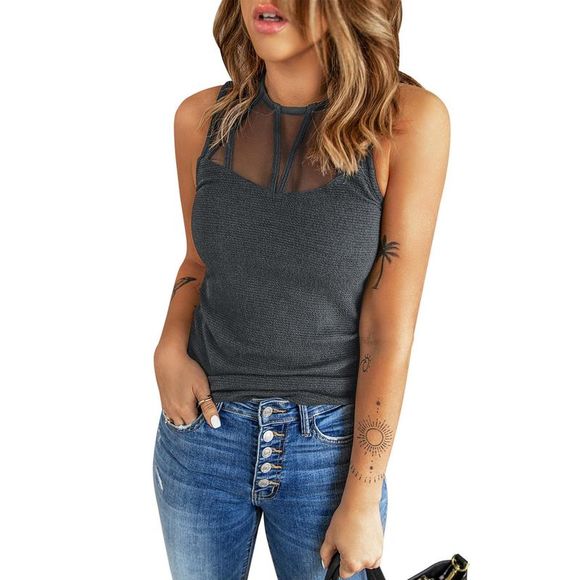 Azura Exchange  Gray Strappy Mesh Splicing Ribbed Tank Top - Picture 12 of 14